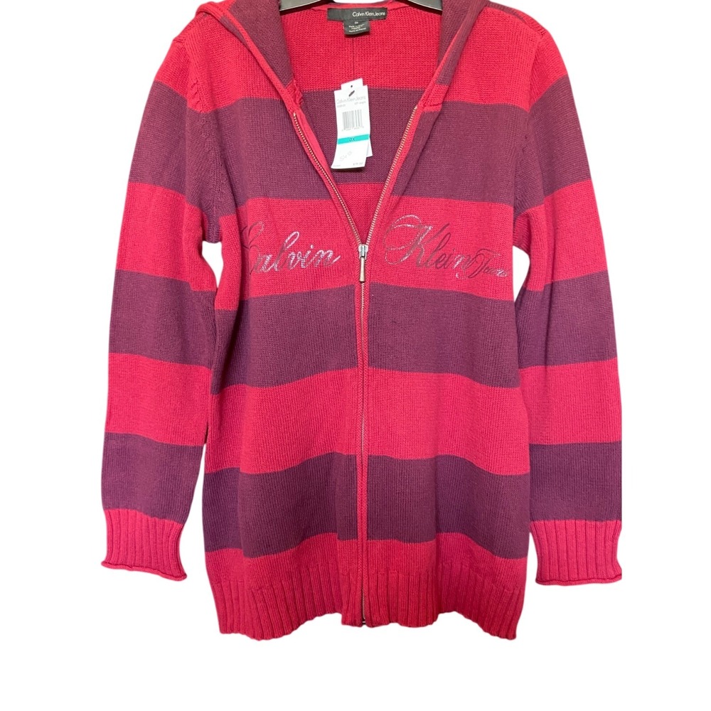 Calvin Klein Jeans Sweater Womens 0X Red Striped Hooded Full Zip SG38N20